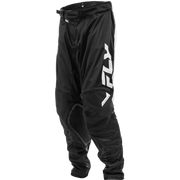 Black Fly Racing motocross pants with a large white vertical 'FLY' logo on the left leg and a white 'RACING' label near the lower left knee, shown on a plain white background.