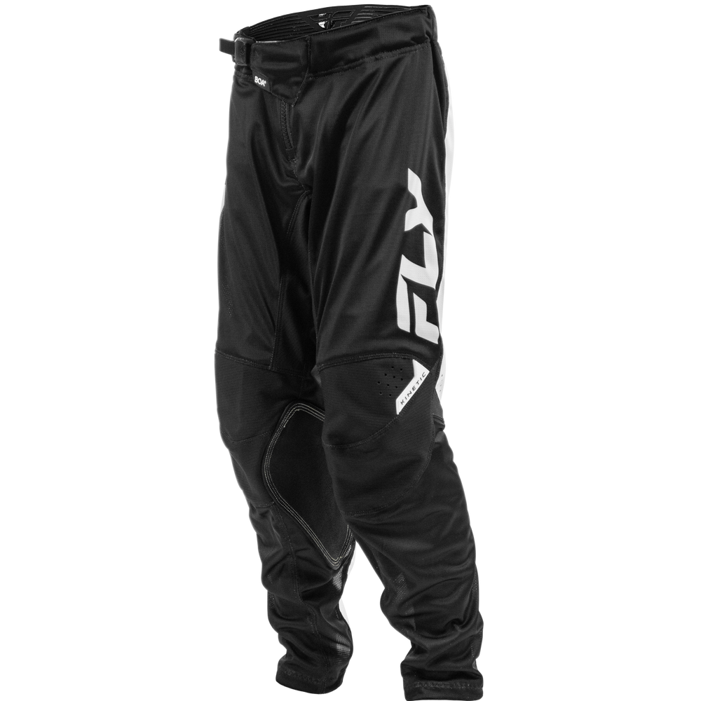 Black Fly Racing motocross pants with a large white vertical 'FLY' logo on the left leg and a white 'RACING' label near the lower left knee, shown on a plain white background.