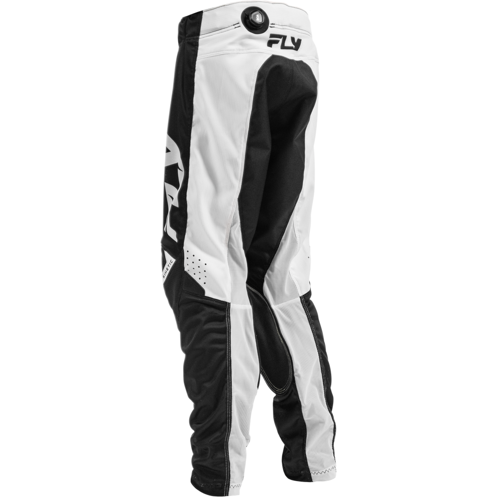 White and black Fly motocross pants shown from a side profile view against a plain white background.