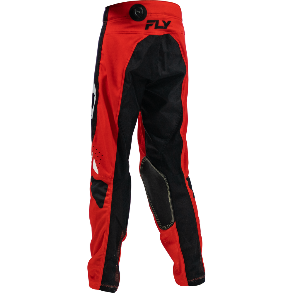 Red and black Fly motocross pants with knee and seat pad protection, shown from the back on a white background.