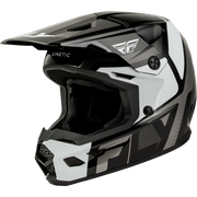 A Fly Racing full-face motocross helmet in a glossy black, white, and gray color scheme, featuring the Fly logo on the side and visor, and 'KINETIC' text on the brow, set against a plain white background.