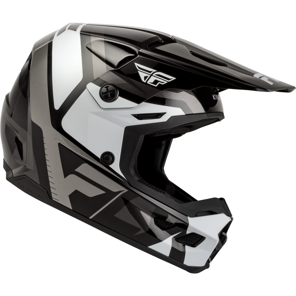 A full-face motocross helmet in a glossy black, white, and gray color scheme, featuring a prominent white stylized 'F' logo on the side and a matching white wing logo on the visor bridge, set against a plain white background.