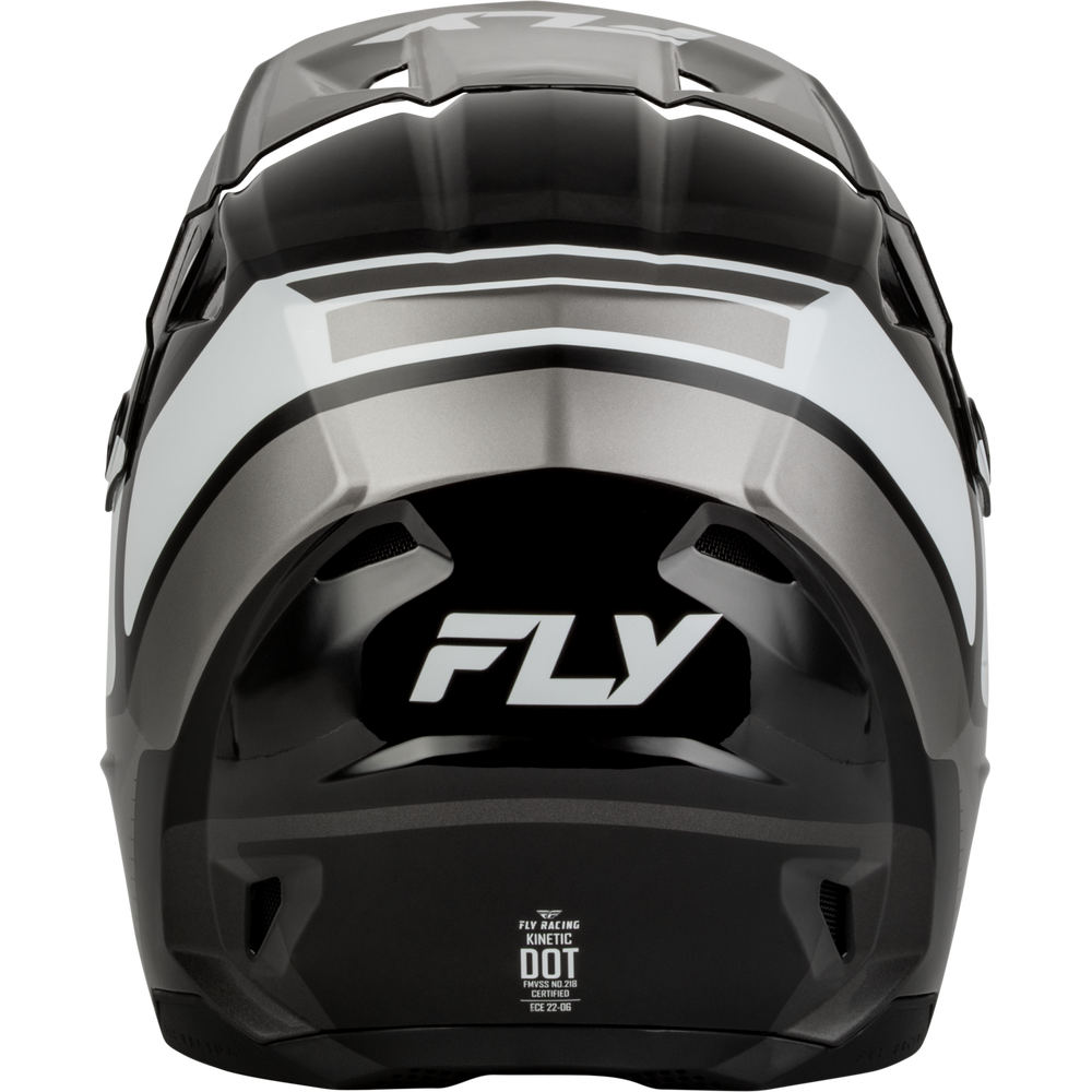 The rear view of a Fly full-face motocross helmet in a glossy black and metallic silver color scheme, featuring the white 'FLY' brand logo on the back.