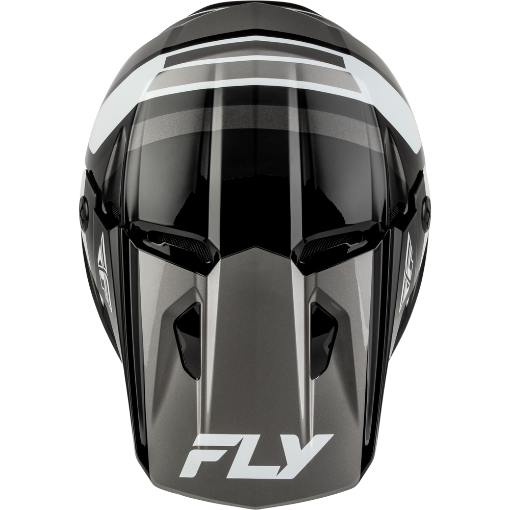 A close-up front view of a Fly motocross helmet in a metallic dark gray and black finish with white graphic stripes and a white FLY logo on the lower front, set against a plain white background.