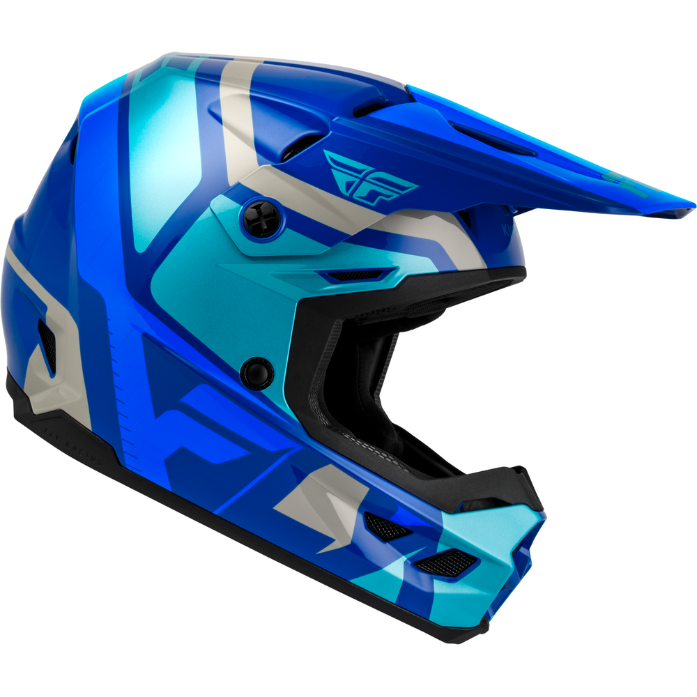 A full-face motocross helmet in a metallic blue and teal color scheme with white graphic accents, shown from a side profile on a solid white background.