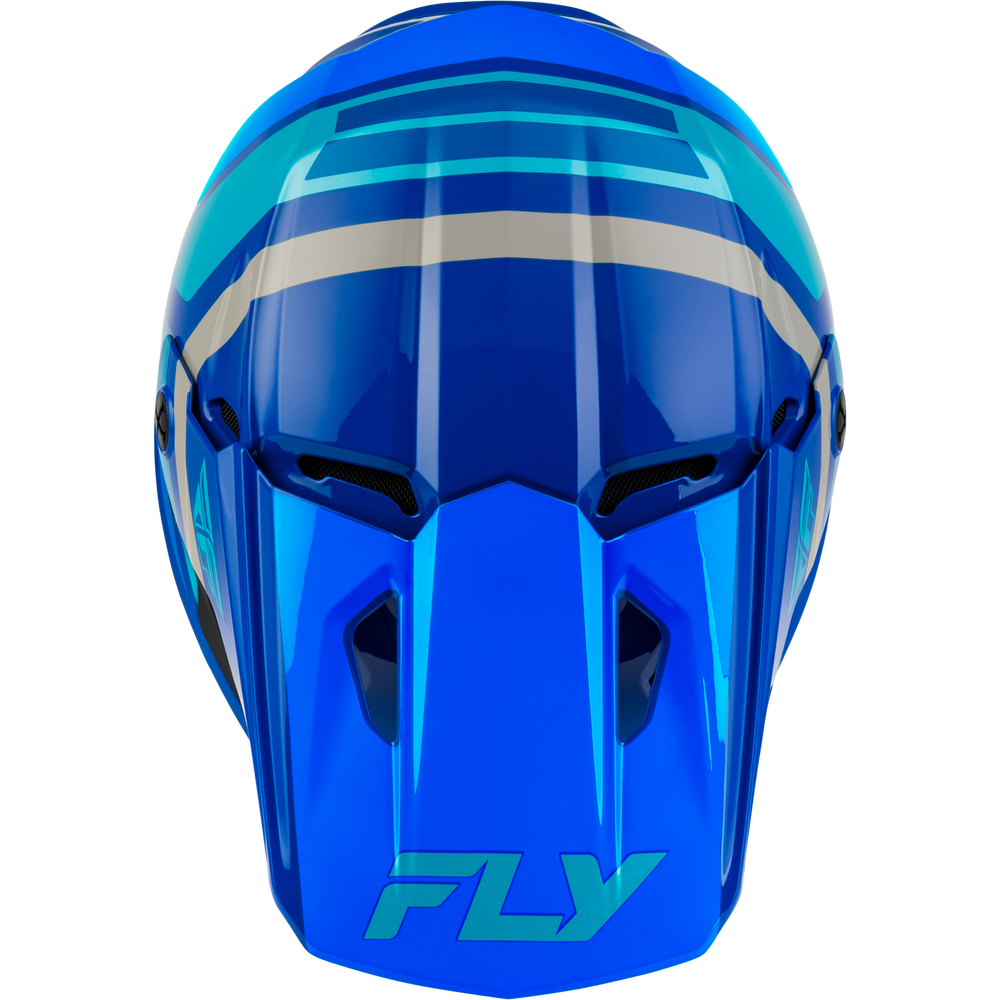 A close-up studio shot of a blue full-face motocross helmet with a glossy finish, featuring teal and white graphic stripes on the upper shell and the 'FLY' brand logo on the lower front.