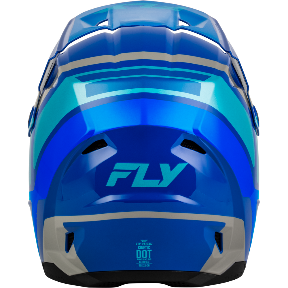The rear view of a blue and teal full-face motocross helmet with the FLY brand logo on the back, set against a plain white background.