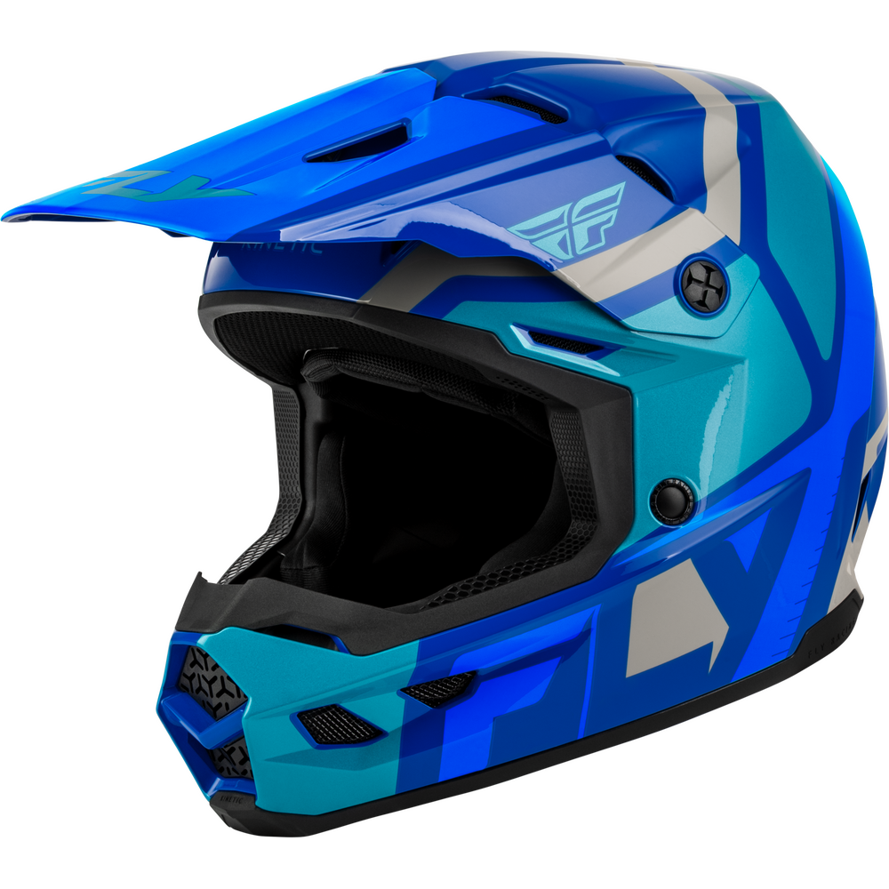 A full-face motocross helmet in a vibrant blue and teal color scheme with white graphic accents, shown from a three-quarters angle against a solid white background.