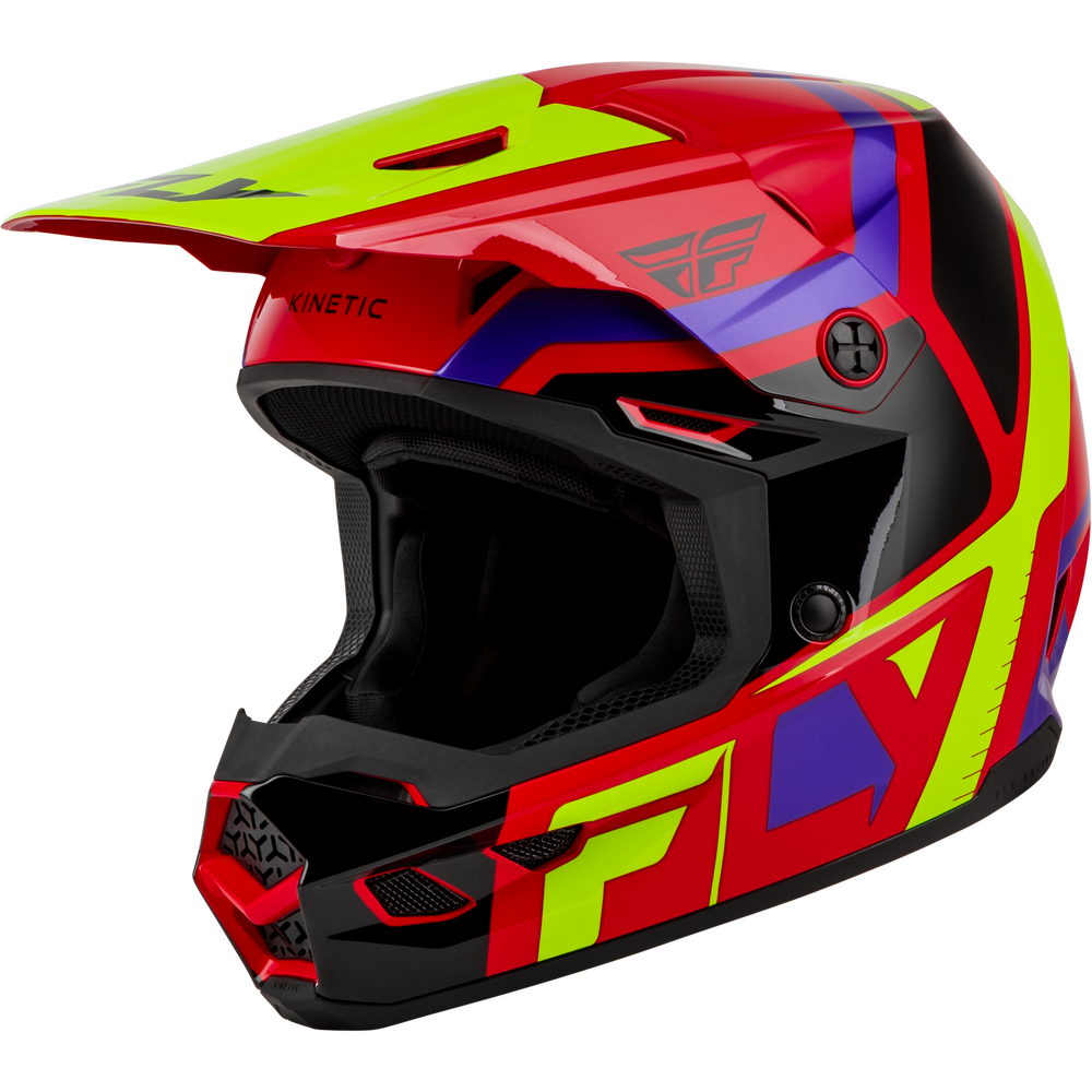 A full-face motocross or mountain bike helmet in a glossy red, black, and neon yellow-green color scheme with blue accents, featuring the Fly Racing logo.