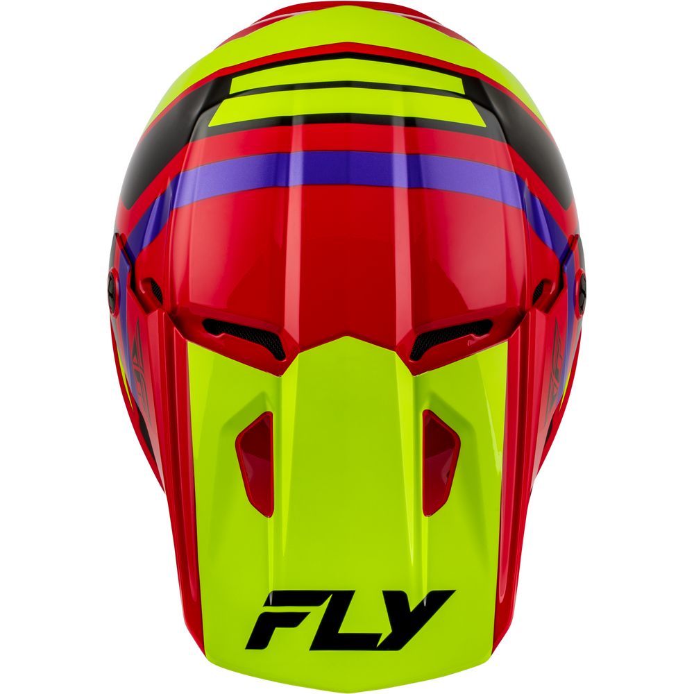 A close-up of a motocross helmet with a bright neon yellow lower face shield, red upper shell, black visor details, and blue accent stripes on a white background.