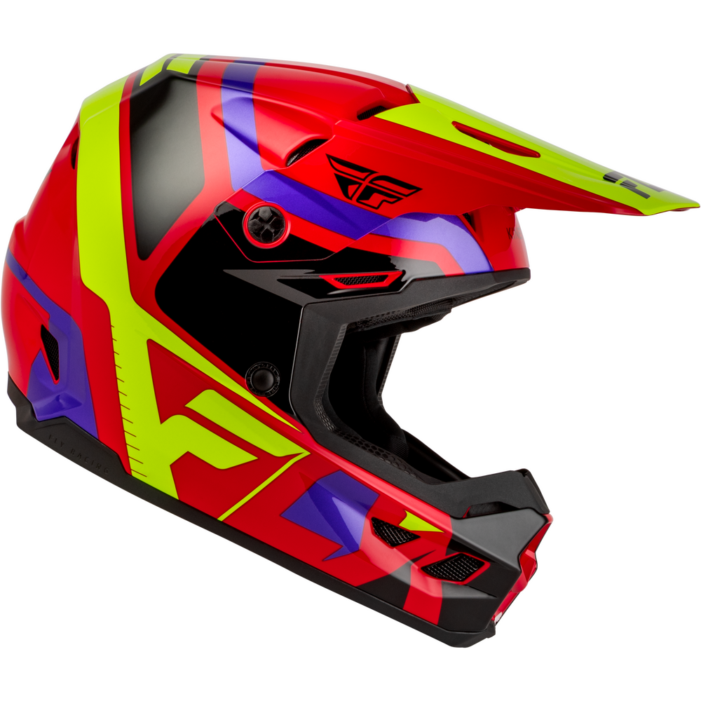 A full-face motocross helmet in a vibrant red colorway with neon yellow-green, purple, and black graphic accents, shown from a three-quarters angle on a plain white background.