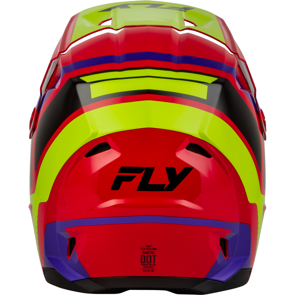 Rear view of a red full-face motocross helmet with lime green, purple, and black graphics, featuring the FLY logo on the back.