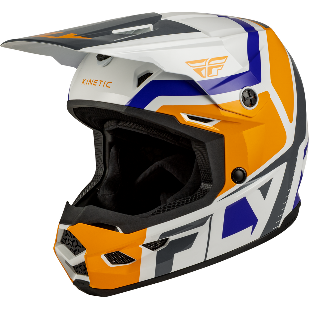A full-face motocross helmet with a white, orange, blue, and gray graphic design. The brand 'Fly' is visible via its wing logo on the side and forehead, and 'KINETIC' is printed on the side temple.