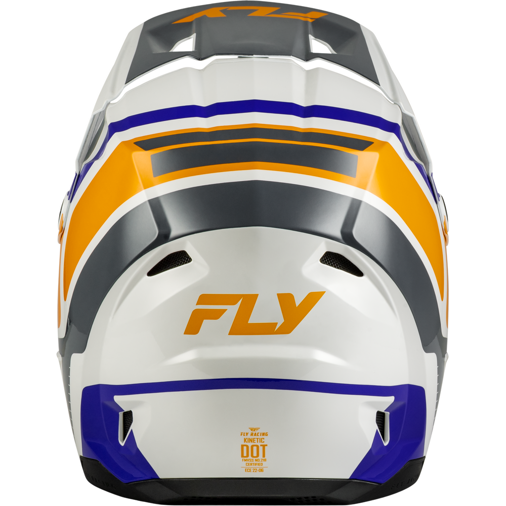 A rear view of a Fly full-face motocross helmet in white, featuring bold orange and blue graphic stripes, a large orange 'FLY' logo on the back, and a small orange DOT certification sticker near the bottom.