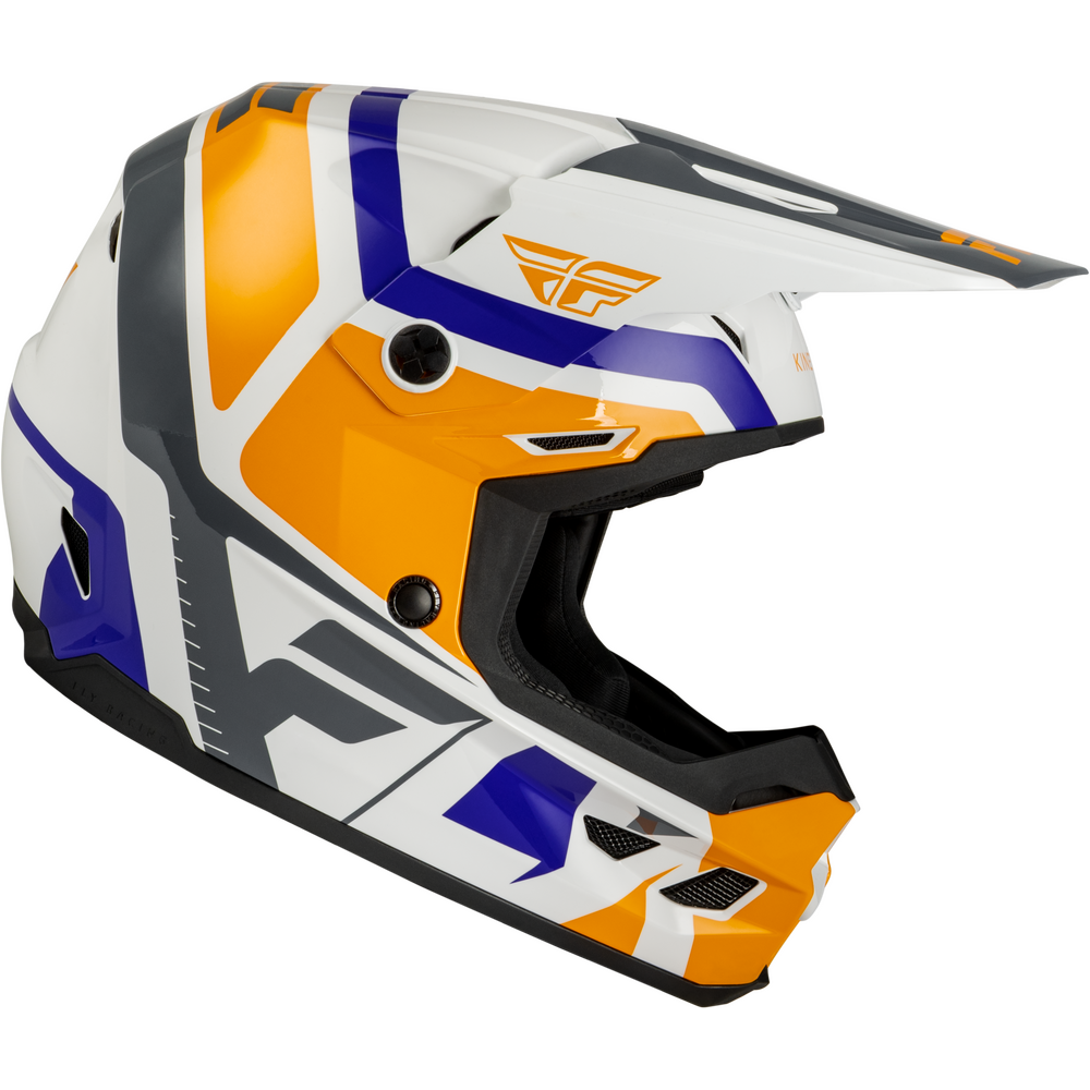 A full-face motocross helmet in a white, orange, and blue color scheme with black accents, featuring the Fly Racing logo on the side.