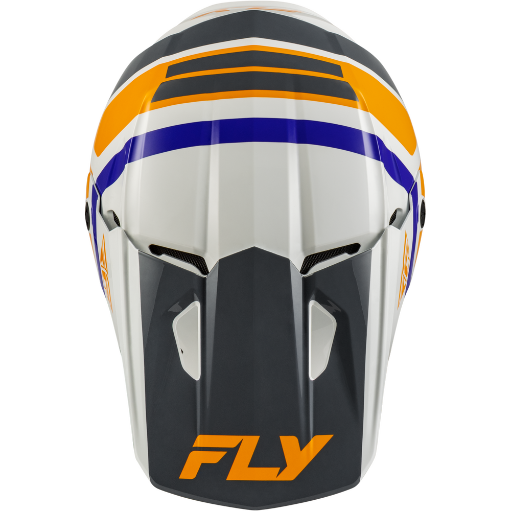 A close-up of a motocross helmet shell showing the front and side panels. The helmet features a white base with a dark gray visor section, bold orange and blue stripes on the crown, and the orange 'FLY' logo on the visor.