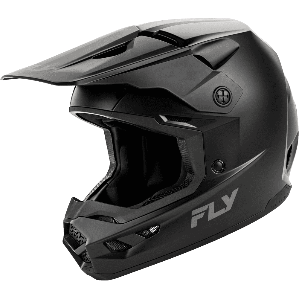 A matte black full-face motocross helmet with a matching visor, featuring the FLY brand logo in gray on the lower side, shown against a solid white background.