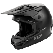 A matte black full-face motocross helmet with a matching visor, featuring the FLY brand logo in gray on the lower side, shown against a solid white background.
