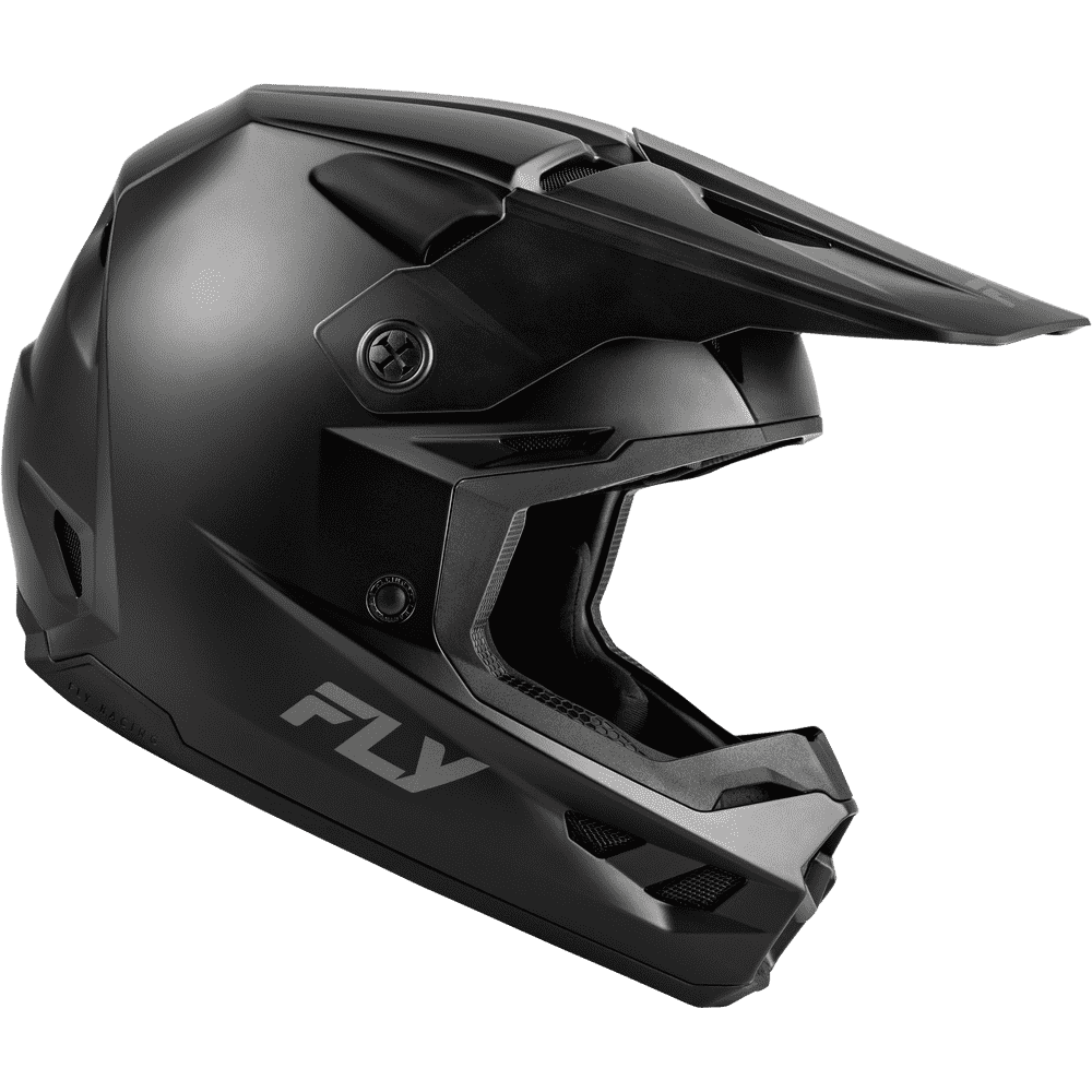 A matte black full-face motocross helmet with a matching visor, featuring the FLY brand logo on the side, shown against a plain white background.