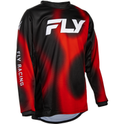 A long-sleeve Fly Racing jersey shown from the back, featuring a bold red and black halftone pattern with a large white 'FLY' logo on the upper back and 'FLY RACING' printed vertically on the left sleeve.