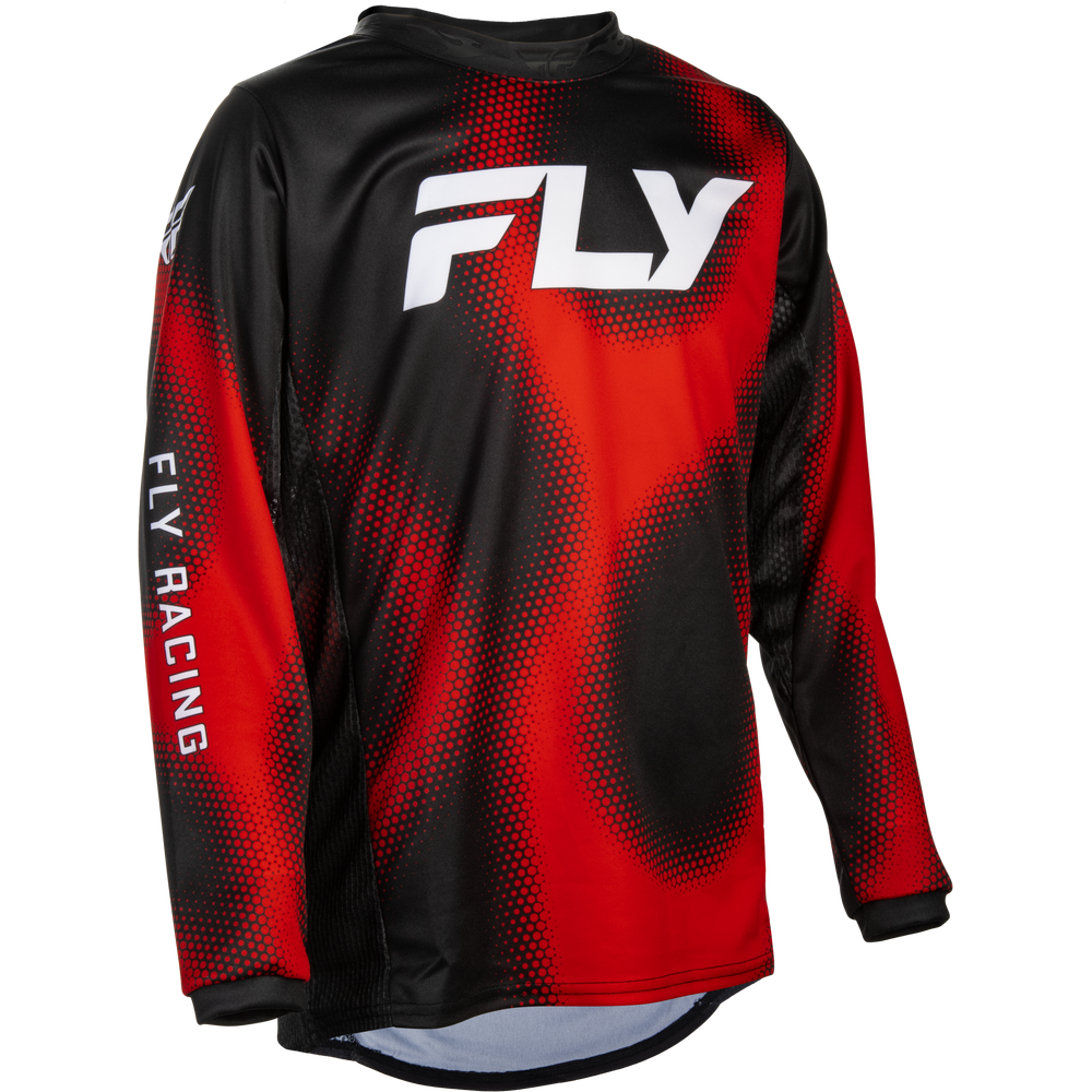 A long-sleeve Fly Racing jersey shown from the back, featuring a bold red and black halftone pattern with a large white 'FLY' logo on the upper back and 'FLY RACING' printed vertically on the left sleeve.