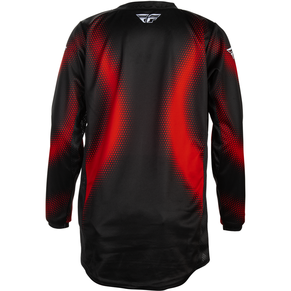 Black long-sleeve motocross jersey with red and black dotted wave pattern on the back, featuring a white stylized wing logo on the upper back and a small logo on the right sleeve, shown against a plain white background.