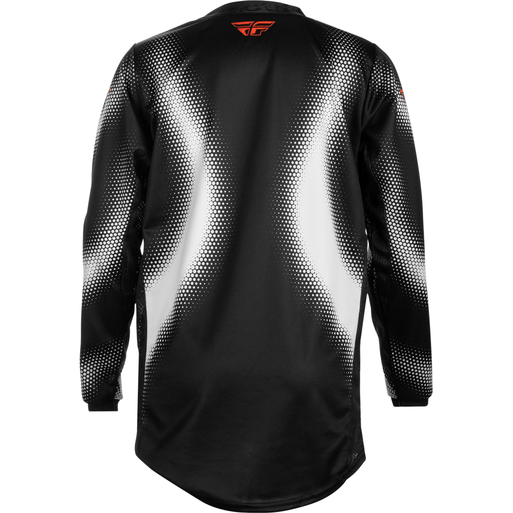Black long-sleeve motocross jersey with a white halftone dot gradient pattern running down the front and a small red FA fly logo on the back collar, shown on a white background.