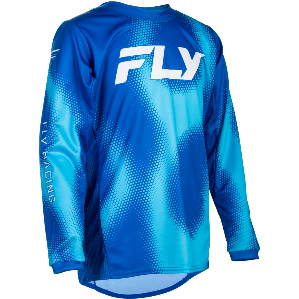 A long-sleeve blue motocross jersey with a gradient halftone pattern, featuring a large white 'FLY' logo on the back and 'FLY RACING' printed vertically on the sleeve.