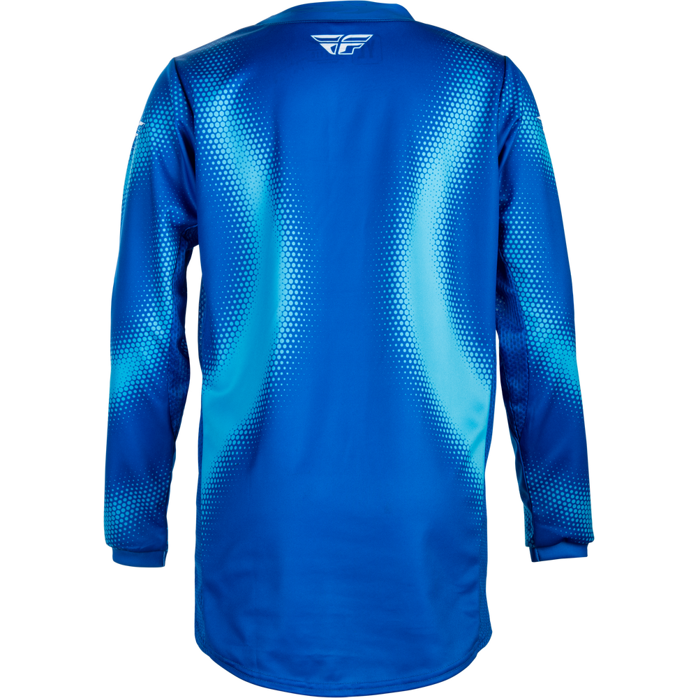 The back view of a blue long-sleeve athletic jersey with a gradient halftone pattern and a white logo on the upper neck, displayed on a solid white background.