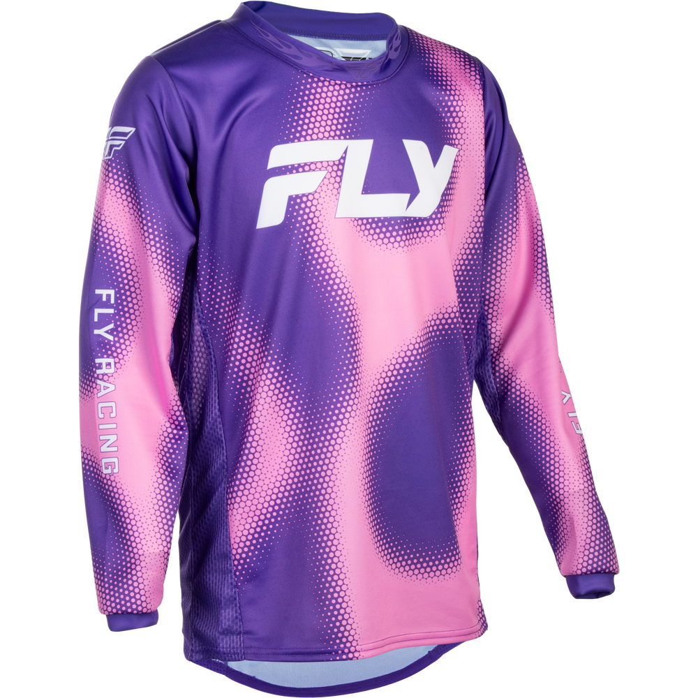 A long-sleeve motocross jersey by Fly Racing, featuring a purple and pink halftone gradient pattern with a large white 'FLY' logo on the chest and 'FLY RACING' printed vertically on the right sleeve.