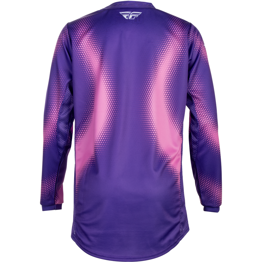 A long-sleeve athletic jersey shown from the back, featuring a purple and pink gradient pattern with a dotted halftone effect and a small white logo at the collar, set against a plain white background.