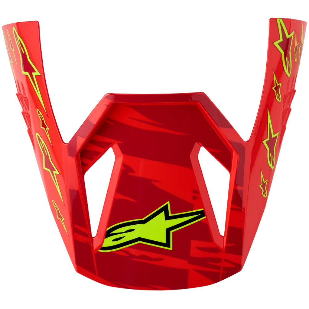 A red Alpinestars motocross helmet peak visor with a glossy finish, featuring yellow star graphics on the sides and a yellow Alpinestars logo on the front, set against a plain white background.