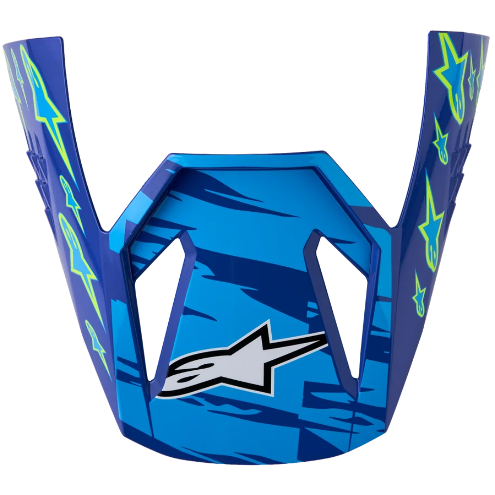 Blue Alpinestars motocross helmet peak visor with a blue and black abstract pattern and neon green star accents, featuring the Alpinestars logo on the front.