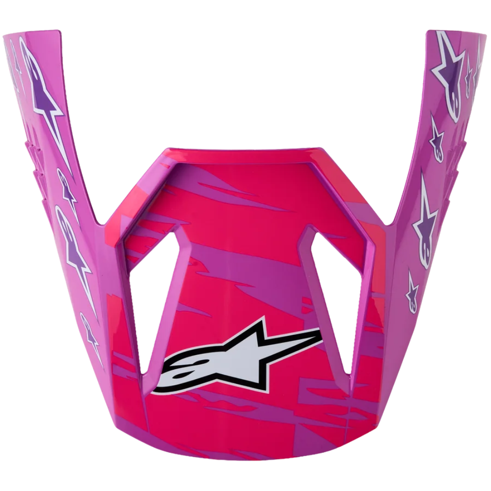 A pink and magenta Alpinestars motocross helmet peak visor with white star logos and a black Alpinestars logo on the front, isolated on a white background.