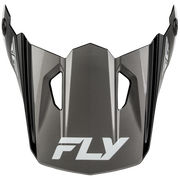 A dark gray motocross or off-road helmet face shield with the white FLY logo printed on the front, set against a plain white background.