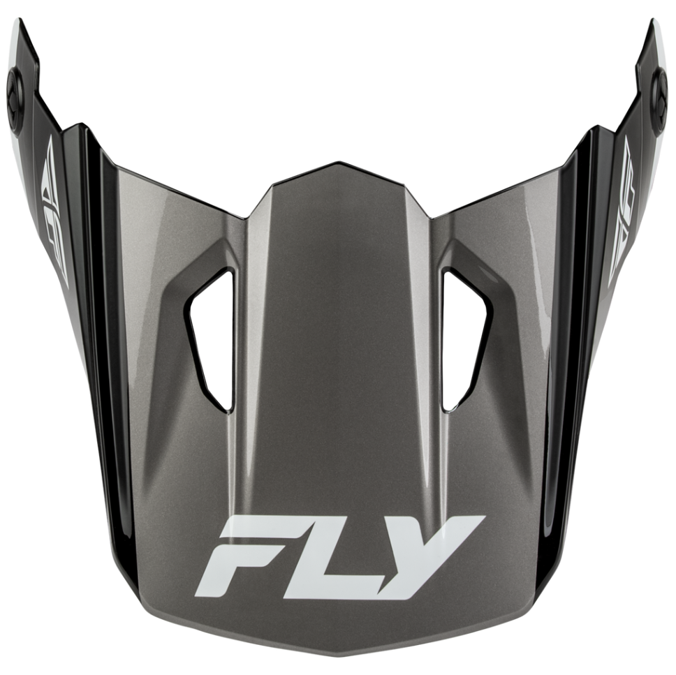A dark gray motocross or off-road helmet face shield with the white FLY logo printed on the front, set against a plain white background.