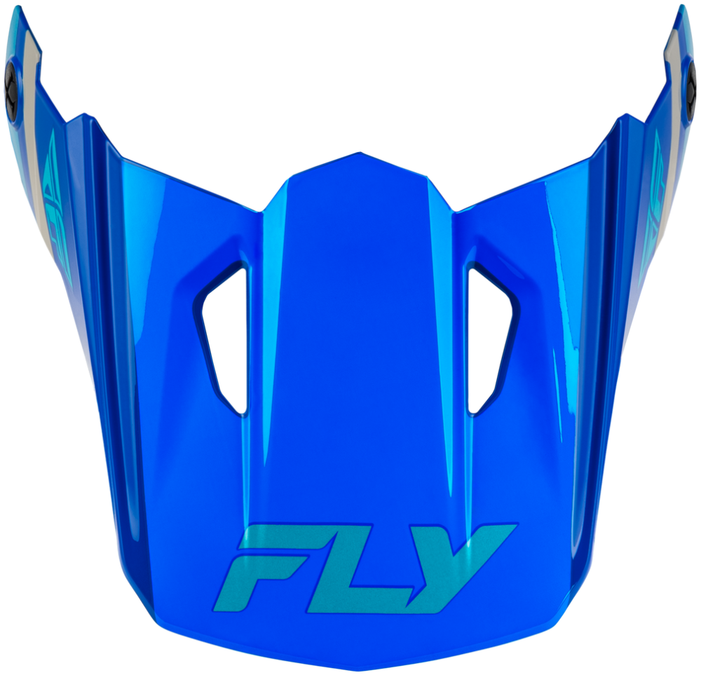 A bright blue motocross or dirt bike visor with the brand name 'FLY' printed in teal on the lower front, shown against a plain white background.