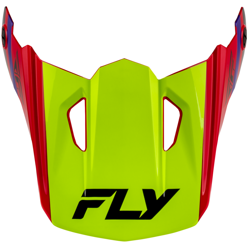 A motocross or dirt bike front peak visor with a bright neon yellow-green center, red side panels, and a black 'FLY' logo at the bottom, shown on a plain white background.