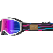 Goggles with a large mirrored pink and blue lens, a black and white frame, and a black strap featuring a pink, blue, and black zebra-like pattern with a tan brand patch.