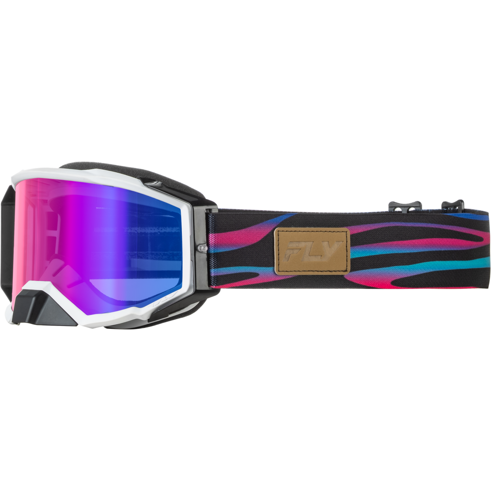 Goggles with a large mirrored pink and blue lens, a black and white frame, and a black strap featuring a pink, blue, and black zebra-like pattern with a tan brand patch.