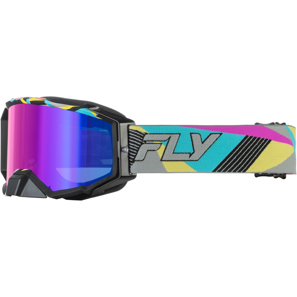 A pair of motocross goggles with a black frame and a vibrant, multicolored strap featuring the brand name 'FLY'. The goggles have a reflective purple and blue lens.