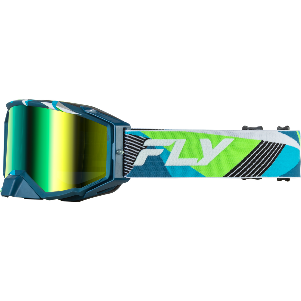 MotoGP-style goggles with a blue frame and a reflective green-to-yellow mirrored lens, featuring a blue, green, and white adjustable strap with the brand name 'FLY' printed on it.