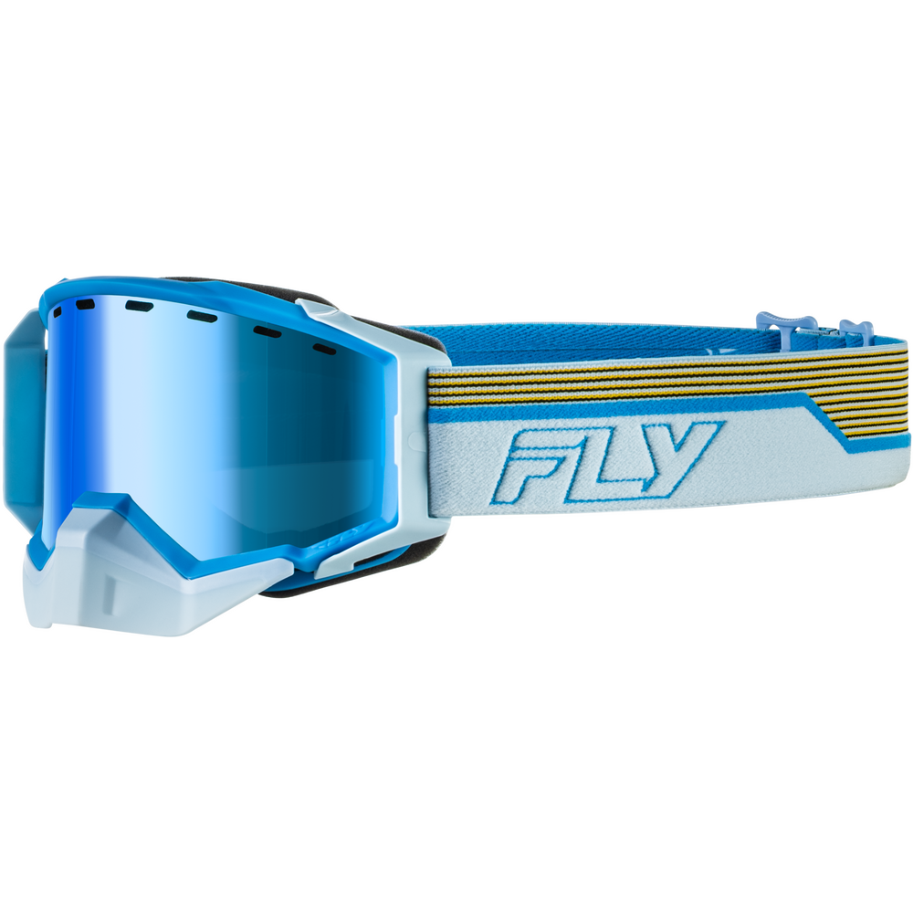 Blue and white Fly Snowmobile goggles with a blue mirrored lens and a patterned blue, white, and gold strap, shown on a plain white background.