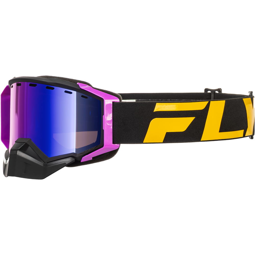 Fly Racing Snowmobile goggles with a black and purple frame, a blue reflective shield lens, and a black strap featuring a bold yellow logo.