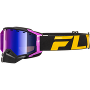 Fly Racing Snowmobile goggles with a black and purple frame, a blue reflective shield lens, and a black strap featuring a bold yellow logo.