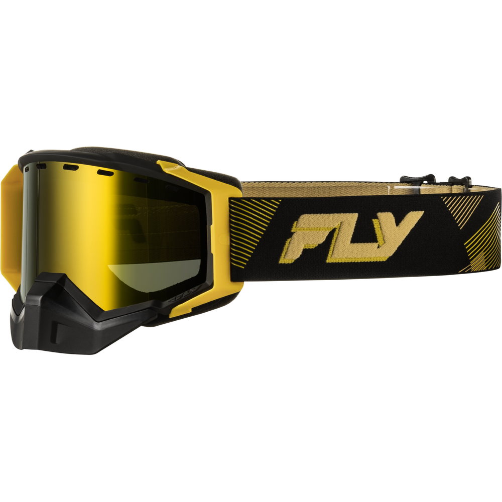 Black and gold Snowmobile goggles with a reflective yellow lens and a black and gold adjustable strap featuring the brand logo 'FLY'.