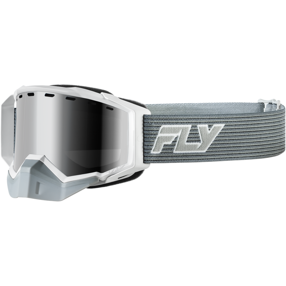 Fly Racing Snowmobile goggles with a white frame, dark reflective shield lens, and a gray adjustable strap featuring the white 'FLY' logo.