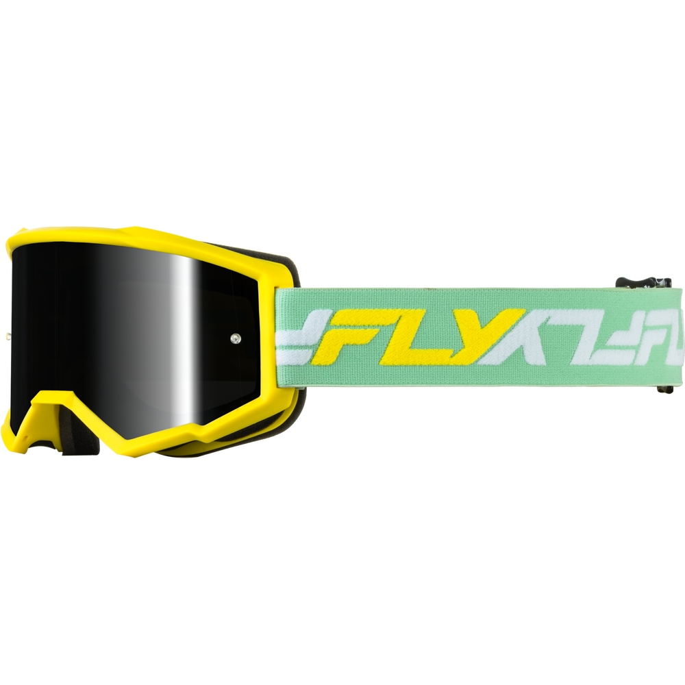 MotoGP-style goggles with a bright yellow frame and a mint green strap featuring the yellow and white FLY brand logo, shown against a plain white background.
