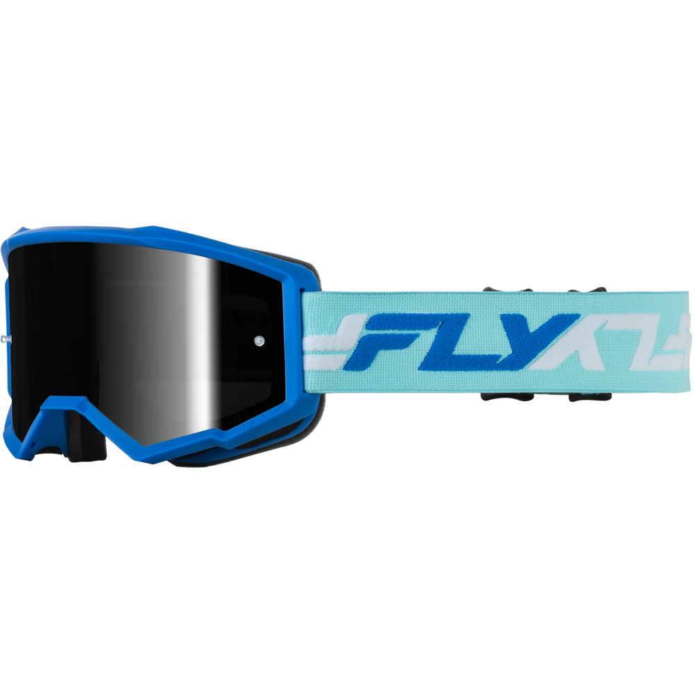 Blue and light blue Fly Racing snow goggles with a dark reflective lens and a light blue and white patterned strap.