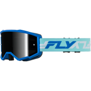 Blue and light blue Fly Racing snow goggles with a dark reflective lens and a light blue and white patterned strap.